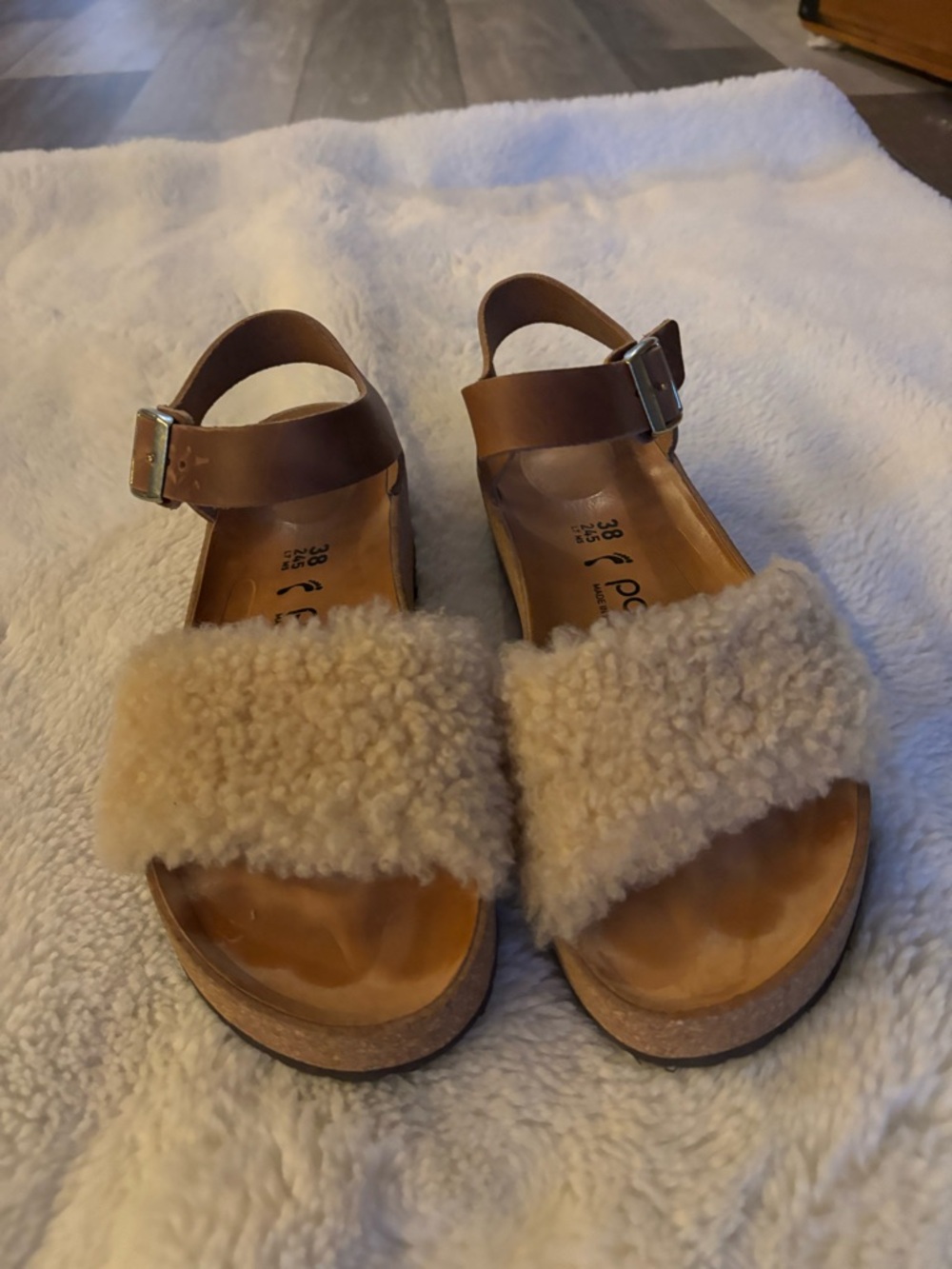 Papillio Brown Leather and Cream Shearling Sandals